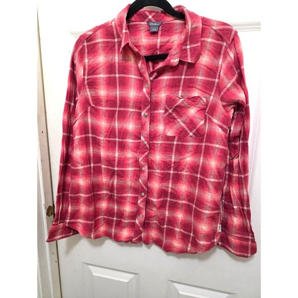 Eddie Bauer Women's Red Plaid Button-Up Long-Sleeve Shirt With Pocket Size L - Picture 2 of 8